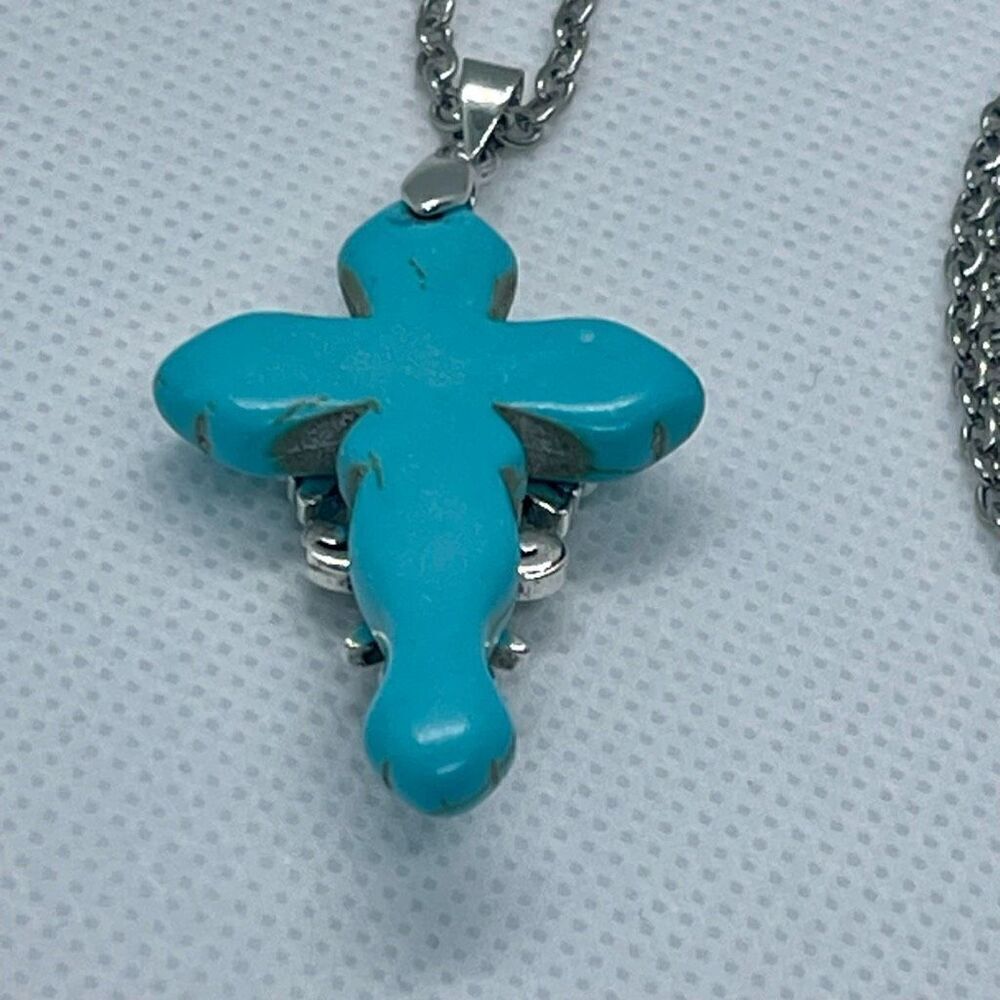 Turquoise Howlite Stone Cross Pendant Necklace Womens Casual Religious Jewelry * - Picture 4 of 6